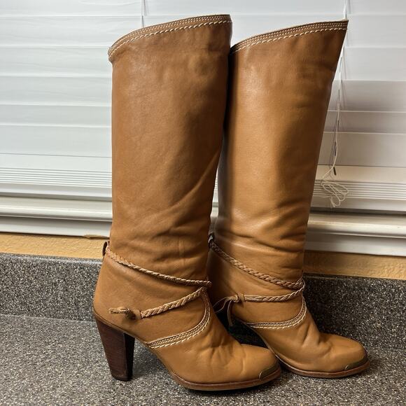 Zodiac USA Knee High Boots Cognac Faux Leather Womens Sz 7 M High Heeled Pull On - Picture 2 of 10